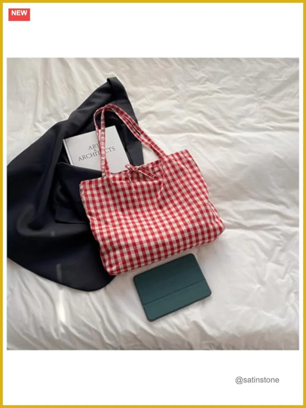 Gingham Canvas Tote Bag Large Capacity Casual Shoulder Bag